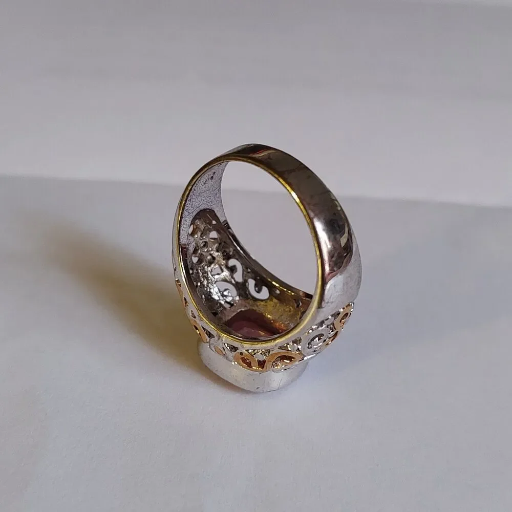 VTG Style Signed 18KGE Ornate Filigree Faceted Pink Glass Stone Ring Size 8.5